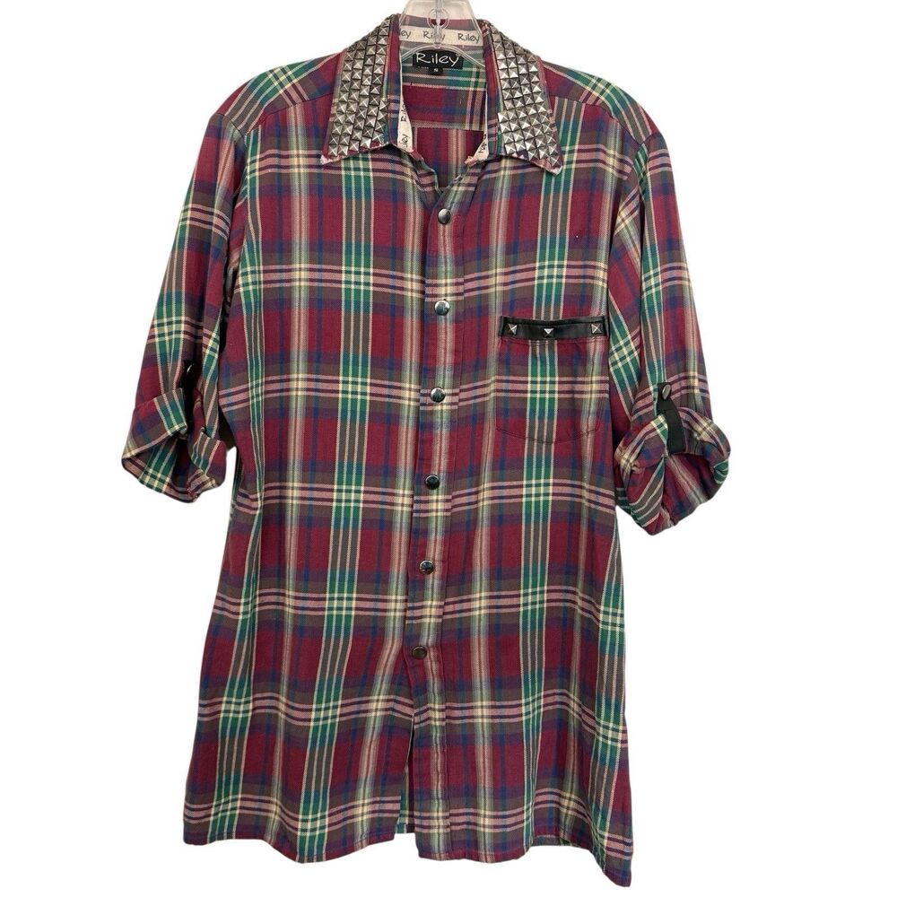 Riley Ranch Shirt Sz S Plaid Studded Cotton Distressed Short Sleeve Snap Western